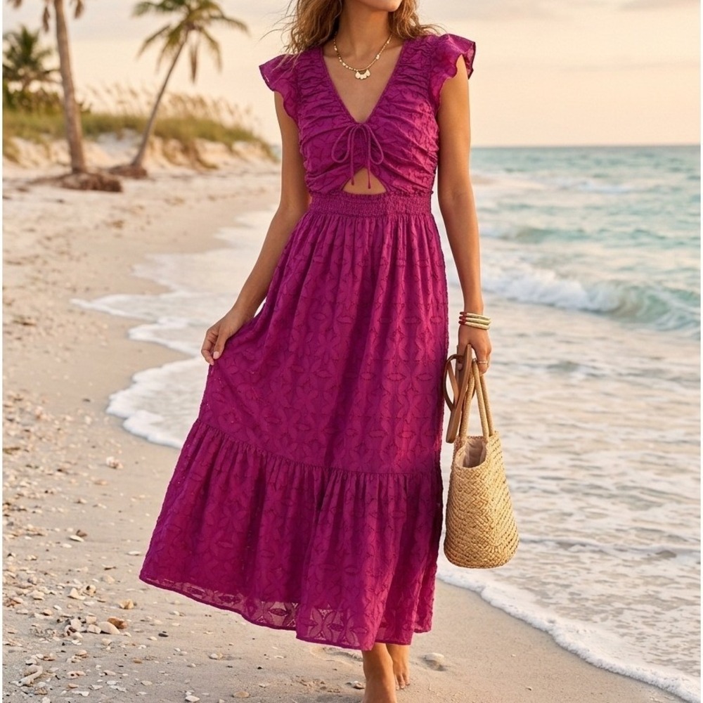 Loft Beach Maxi Dress‎ Magenta Pink Textured Cutout Smocked Tiered Boho Size SP